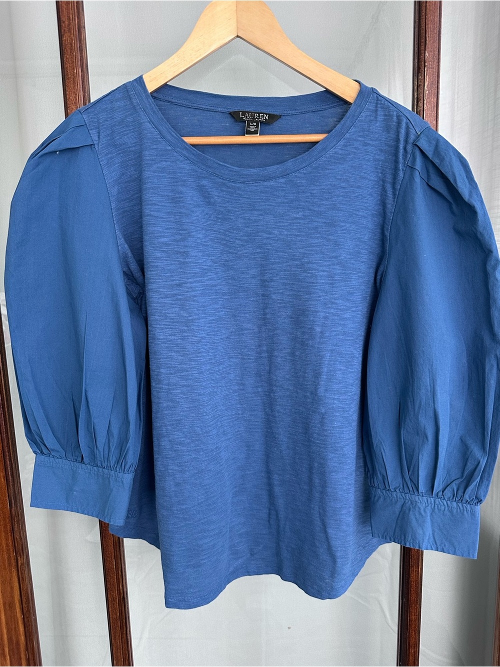 Lauren Ralph Lauren Black Label Top Womens Large blue 3/4 puff sleeves Preppy